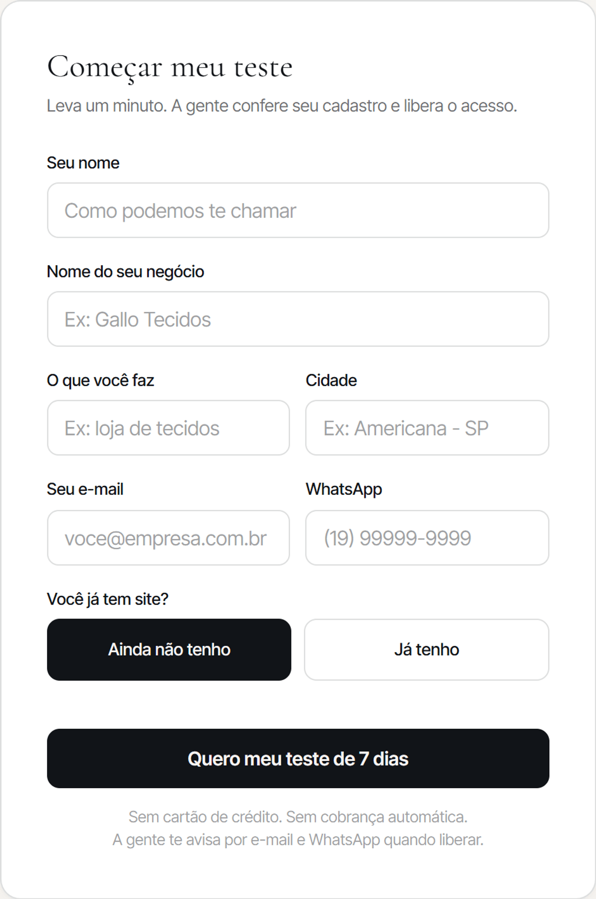 Formulário de cadastro do teste: nome, negócio, ramo, cidade, e-mail, WhatsApp e a pergunta 'você já tem site?'