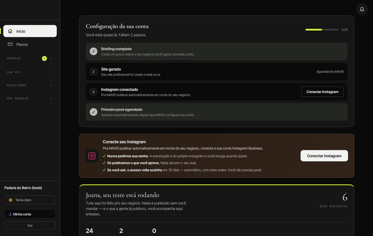 Painel do cliente: checklist de configuração da conta, bloco de garantias do Instagram e a faixa 'seu teste está rodando' com os dias restantes