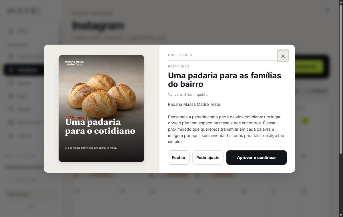 Revisão de um post da demonstração: a arte com a foto dos pães, a legenda e os botões Pedir ajuste e Aprovar e continuar
