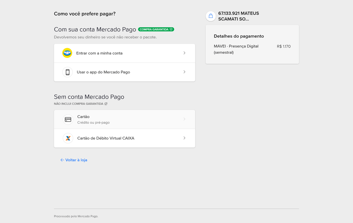 Tela de pagamento do Mercado Pago mostrando MAVEI · Presença Digital e as opções de pagar com conta Mercado Pago ou cartão