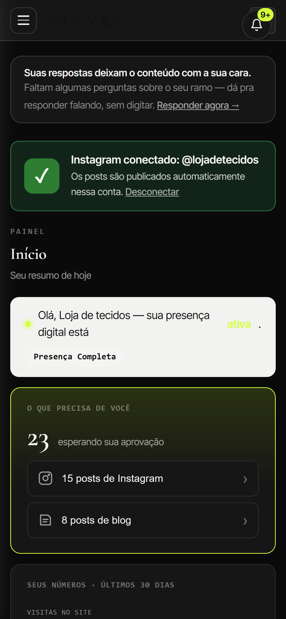 O mesmo painel aberto no celular, mostrando o resumo do dia e o que está esperando aprovação.