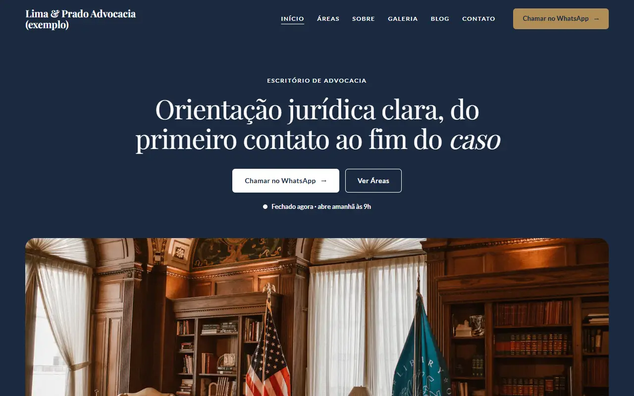 Template Tribuna, estilo Firma, numa empresa de exemplo (escritório de advocacia)