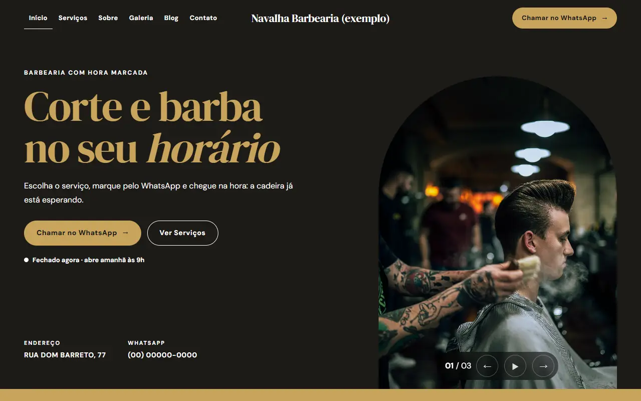 Template Navalha, estilo Espelho, numa empresa de exemplo (barbearia)