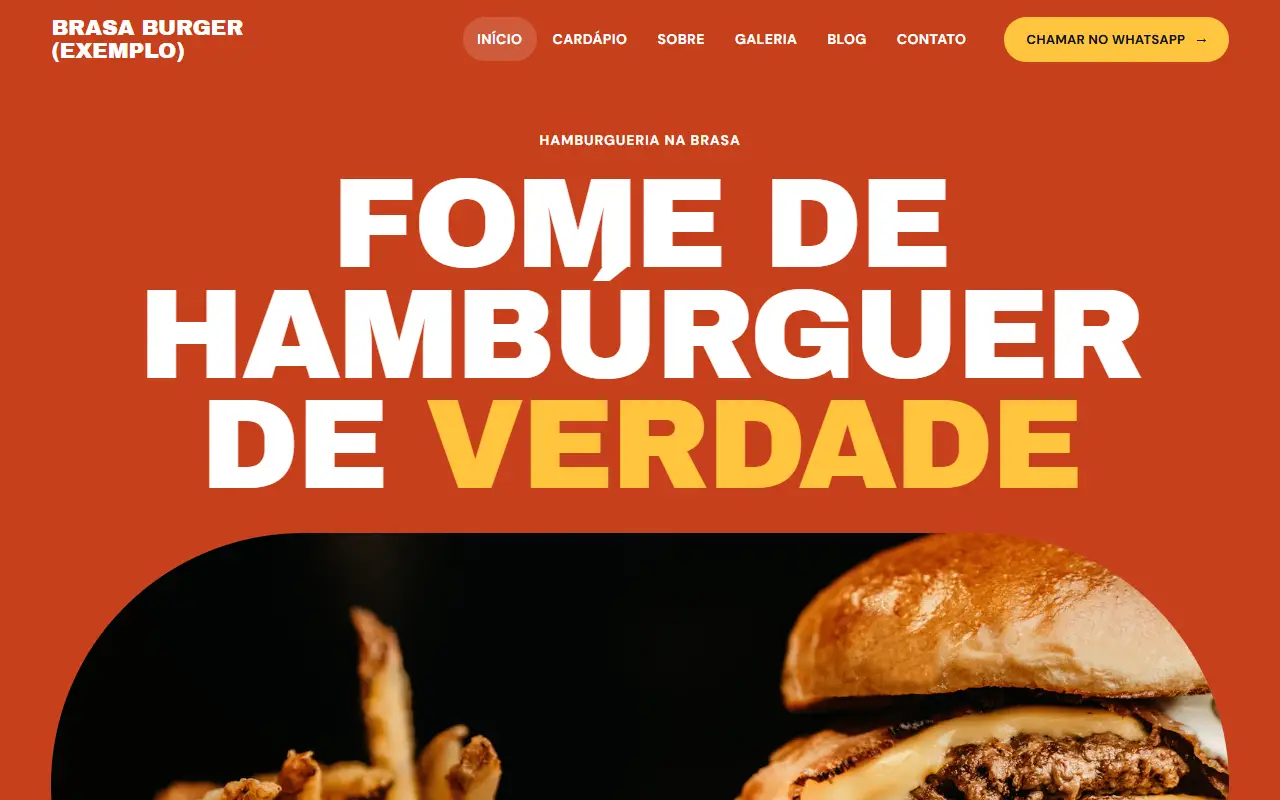 Template Brasa, estilo Sabor, numa empresa de exemplo (hamburgueria)