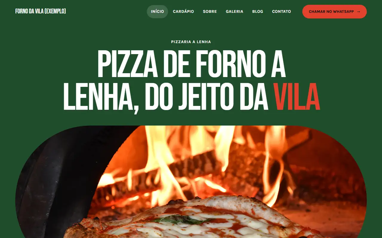 Template Forno, estilo Sabor, numa empresa de exemplo (pizzaria)
