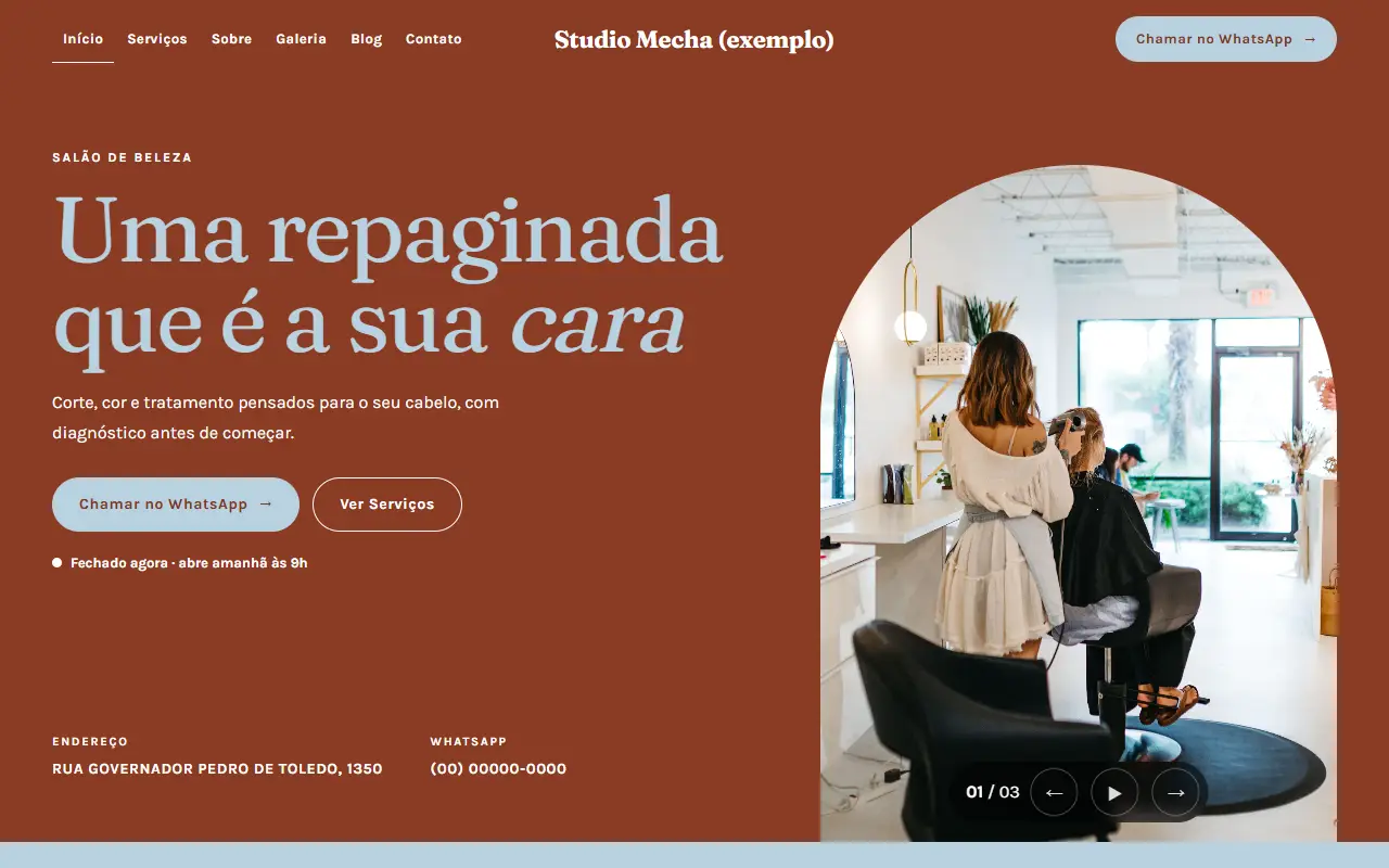Template Mecha, estilo Espelho, numa empresa de exemplo (salão de beleza)